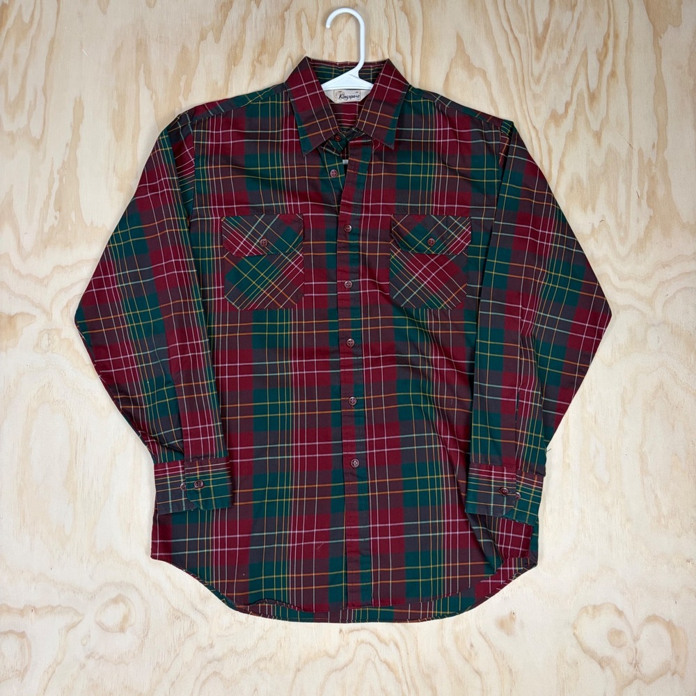 Kingsport Mens Plaid Button Down Shirt Medium Burgundy Green Long Sleeve Pocket